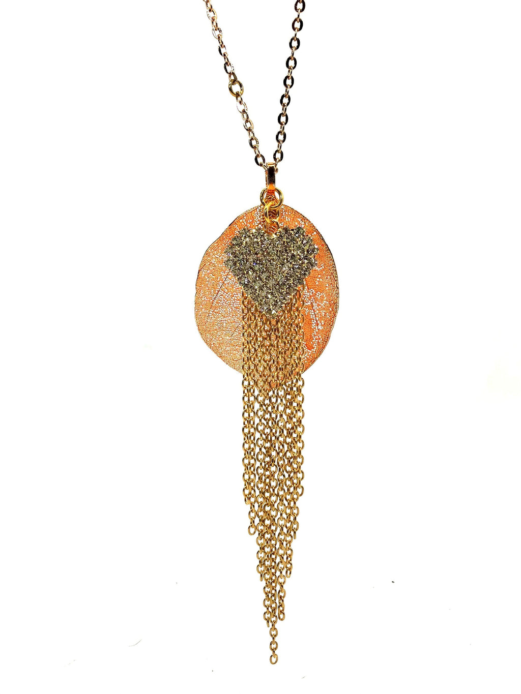 Chain Necklace - Gold filigree leaf with crystals and chain pendant