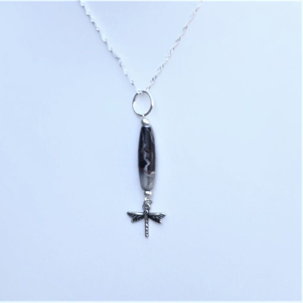 Hand Painted Dark Black Swirl Sea Glass Necklace 16"