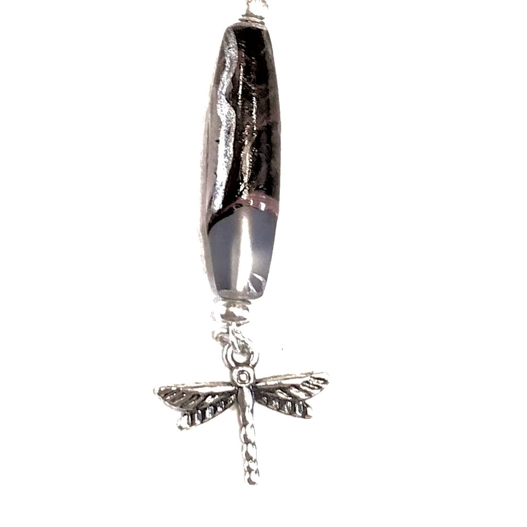 Hand Painted Dark Black Swirl Sea Glass Necklace 16"