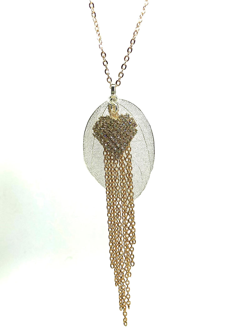 Chain Necklace - Silver filigree leaf with crystals and chain pendant
